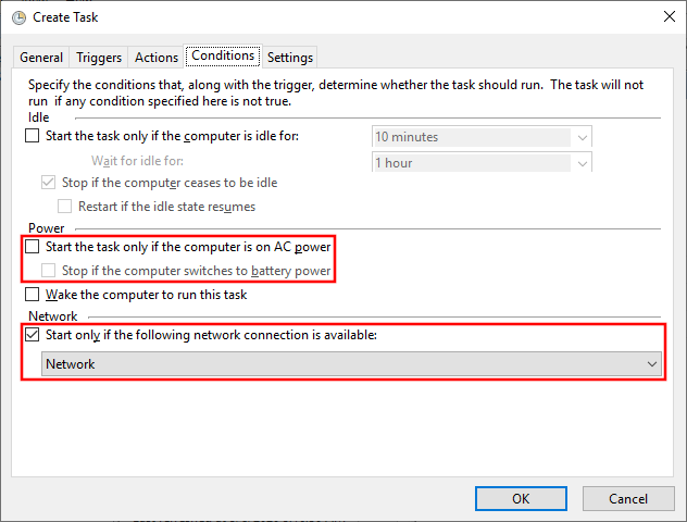 Windows Task Scheduler Additional Conditions Screenshot