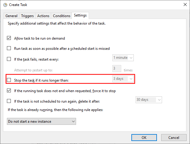 Windows Task Scheduler Settings Screenshot