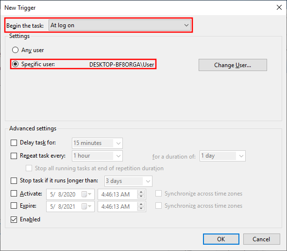 Windows Task Scheduler Triggers Logon Screenshot