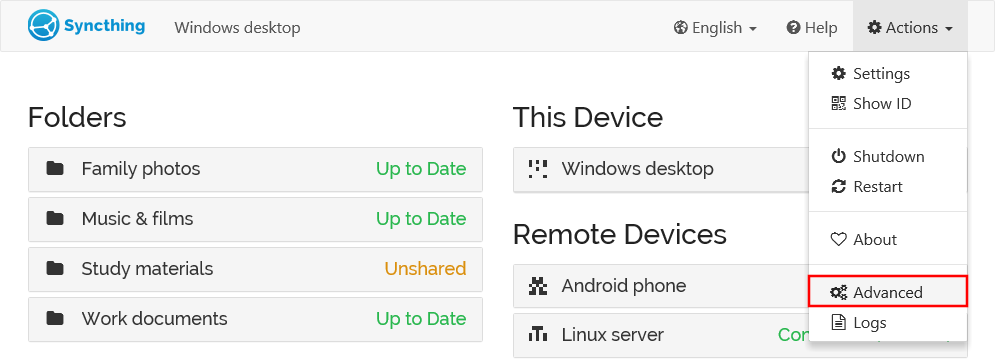 Advanced Configuration — Syncthing v1.27.11 documentation